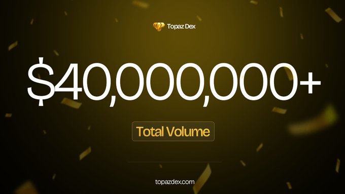 The image features a large banner with white text that reads "40,000,000+ in cumulative trading volume on Topaz DEX", indicating a significant amount of trading volume for the cryptocurrency. The text also includes the website "TopazDEX" and "www.topazdexcom".