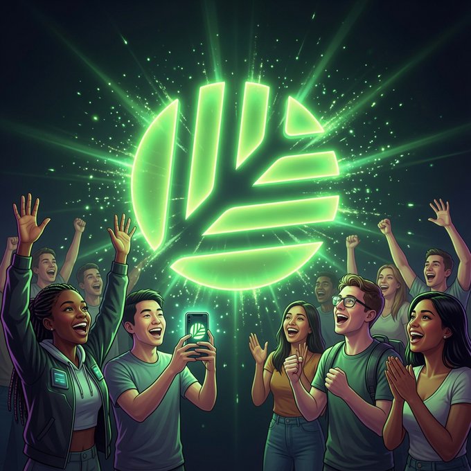 An illustrated crowd of excited young people cheers while looking at a glowing green logo on a smartphone, with rays of light emanating behind it.