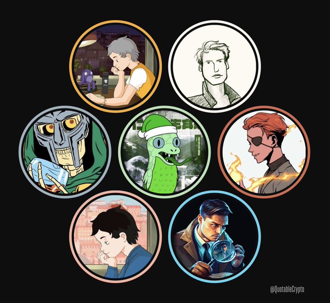 A collection of seven circular character illustrations on a black background, featuring various crypto-themed figures including someone in a hoodie, a man in a suit, a masked figure, a green character in a beanie, a fiery-haired character, a pensive figure, and a man with a crystal ball; the watermark '@QuotableCrypto' appears in the corner.