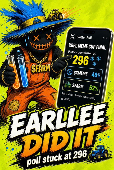 A vibrant illustrated meme featuring a furry character in a straw hat and orange overalls holding test tubes, with text 'EARLLLEE DID IT poll stuck at 296' alongside a Twitter poll showing 'XRPL MEME CUP FINAL' with $XMEME at 48% and $FARM at 52%.