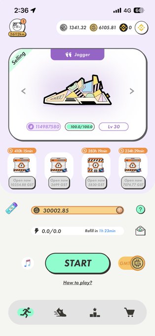 The image shows a STEPN app screen displaying a "Jogger" sneaker (Level 30, quality 100.0/100.0) listed for sale at 114,987,580, with a total GMT earning of 30,002.85 displayed prominently. This aligns with the post, which celebrates hitting the 30,000 GMT earnings milestone and explains the user is selling off all their repaired sneakers to mark a fresh start, even though they aimed for 30,000.xx GMT.