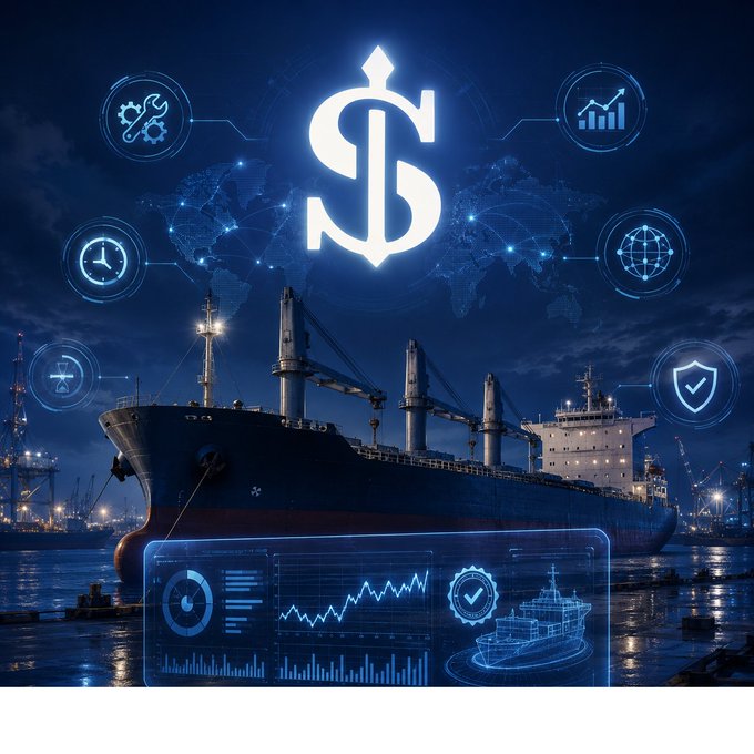 A digital illustration featuring a large cargo ship at a port at night, overlaid with blue technological interfaces, charts, and a prominent white dollar sign symbol in the center.