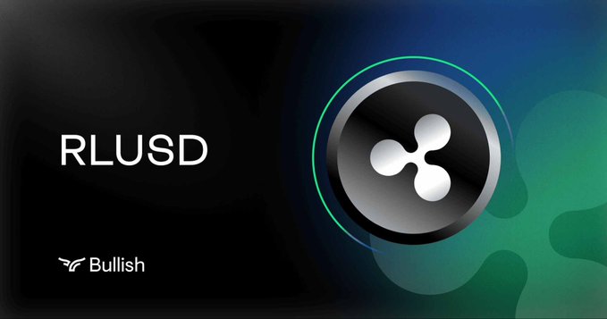 The image shows the text "RLUSD" alongside the Ripple (XRP) logo, with a "Bullish" indicator at the bottom. This relates to the post by highlighting RLUSD, a Ripple-issued stablecoin, as being involved in Swift's new blockchain ledger pilot that enables cross-border payments using stablecoins like USDC and RLUSD.