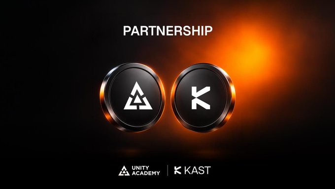 A partnership announcement graphic featuring logos for Unity Academy and KAST displayed as illuminated circular icons on a dark background.