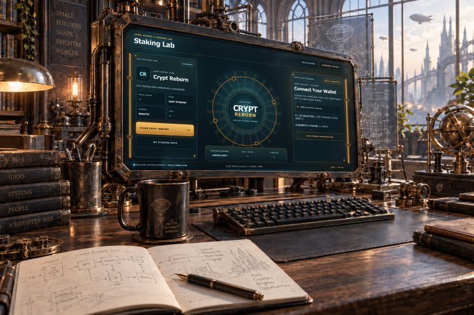 A steampunk-themed digital artwork of a 'Staking Lab' interface for 'Crypt Reborn' on a desktop monitor, surrounded by gears, books, and a notebook.