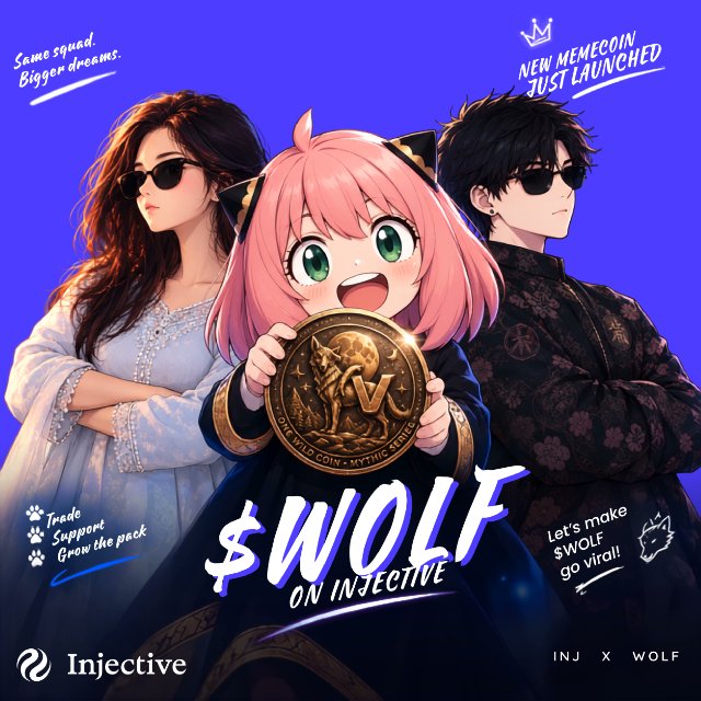 An Injective promotional poster for the newly launched meme coin $WOLF on Injective features an anime girl holding a large WOLF token with two characters behind her.