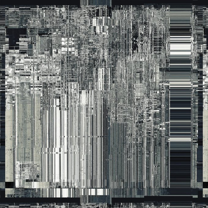 An abstract digital glitch artwork featuring dense vertical lines and fragmented geometric patterns in grayscale tones.