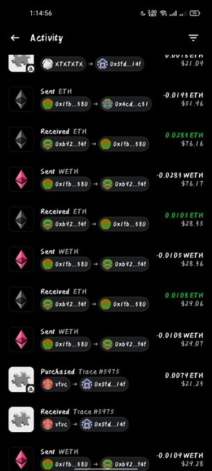 A mobile screenshot of a cryptocurrency wallet activity log showing various transactions including Sent/Received ETH and WETH, plus Trace #5475 NFT purchases, with values like 0.0193 ETH and $51.96.