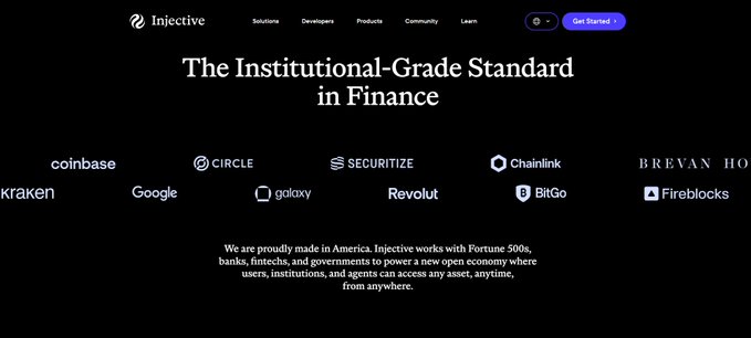 A webpage for Injective headlines 'The Institutional-Grade Standard in Finance,' displaying partner logos including Coinbase, Circle, Securitize, Chainlink, Brevan Howard, Kraken, Google, Galaxy, Revolut, BitGo, and Fireblocks.