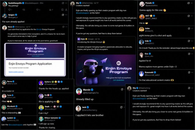 A collage of X/Twitter posts showing creators like SoulAlwaysOn, Nicc, Terrn, Ajkara, Marvin, and KyloGalaxy announcing and reacting to Enjin launching its 'Enjin Envoys Program' creator initiative.