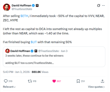 In the image, a man has posted a Twitter account with information about David Hoffman's account. The post contains multiple tweets from the author, discussing his account's performance and achievements over time. One of these tweets says "After selling SETH I instantly took 50% of the capital to VVV." Another tweet states that the author is "Adding Slit too xcom...". The account has gained several views in just a week, with many people engaging with the content shared on the account's Twitter page.
