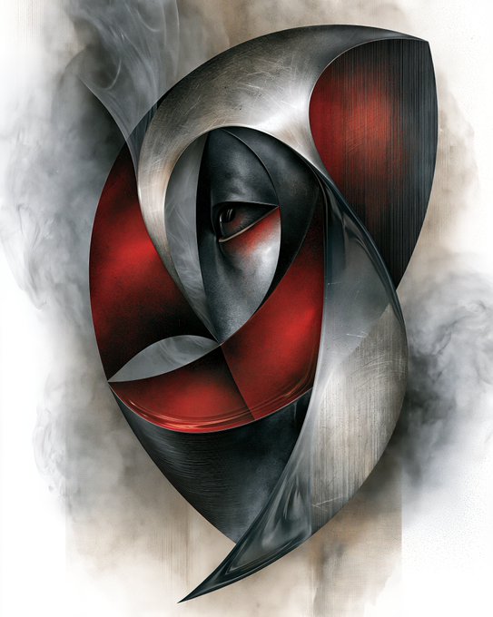An abstract metallic artwork featuring a swirling red and black design with a stylized eye in the center.
