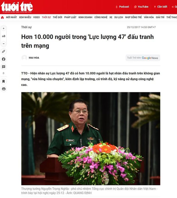 A screenshot of a Vietnamese news article from 'Tuổi Trẻ' titled 'Hơn 10.000 người trong 'Lực lượng 47' đấu tranh trên mạng' featuring a photo of Lieutenant General Nguyễn Trọng Nghĩa.