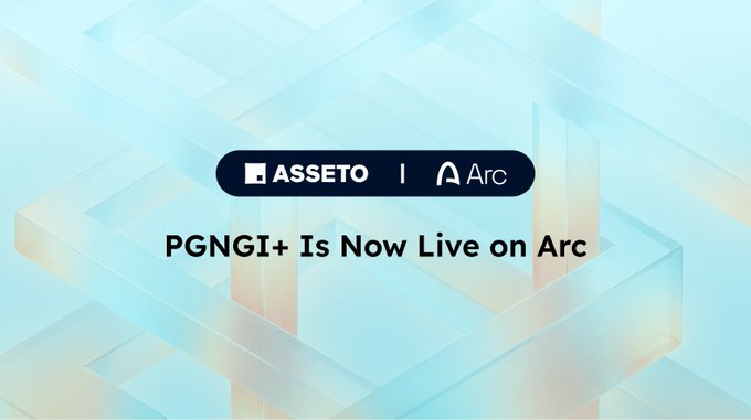 The image features a promotional graphic with the Asseto and Arc logos displayed together in a pill-shaped badge against a light blue geometric background. Below the logos, bold text reads "PGNGI+ Is Now Live on Arc," announcing Asseto's flagship product launch on Arc's mainnet, aligning with the post's message about their Day-1 partnership.