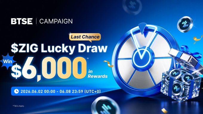 The image shows a poster advertising a Lucky Draw event with an emphasis on Bitcoin. The poster displays a blue wheel with silver dots, surrounded by gift boxes filled with gold coins, symbolizing the winning theme of the lucky draw. It also indicates that the contest is open for two days and has already had its $6,000 reward paid to users who participated in the challenge.