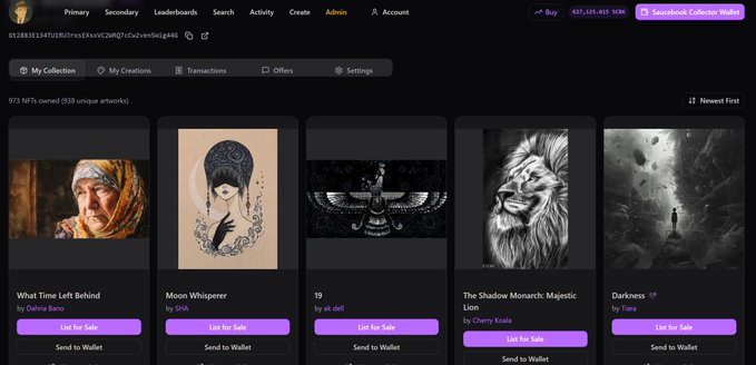 A screenshot of an NFT collection page titled 'My Collection' on what appears to be Rarible, showing 5 artworks listed for sale including 'What Time Left Behind' by Dahnya Bano, 'Moon Whisperer' by SHA, '19' by ak defi, 'The Shadow Monarch: Majestic Lion' by Cherry Koala, and 'Darkness' by Tiera.