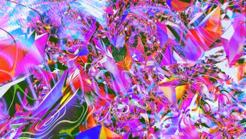 An abstract, vibrant digital art piece featuring a chaotic blend of neon pink, purple, blue, and orange colors with fluid, swirling textures.