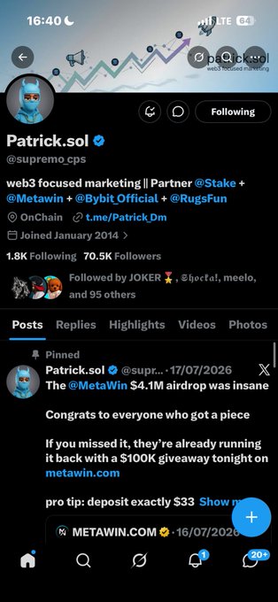 A Twitter/X profile for Patrick.sol (@supremo_cps), web3 marketing & partner at Stake, Metawin, Bybit Official & RugsFUN, showing a pinned post about 'The MetaWin $4.1M airdrop' from 17/07/2026.
