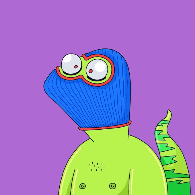A cartoon illustration of a green figure wearing a blue ribbed hood and large goggles with red frames against a purple background.