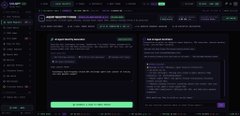A low-resolution screenshot of a dark-themed dashboard interface with multiple panels containing text and data, with a prominent green button at the bottom.