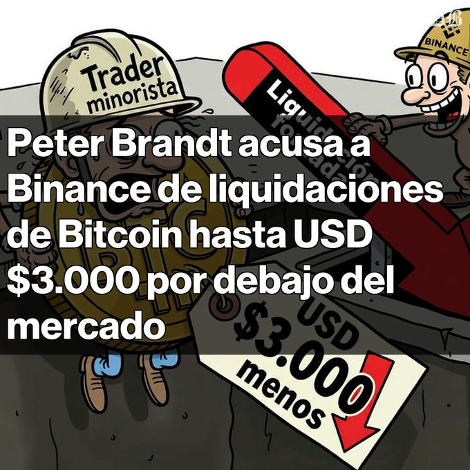 A cartoon meme depicting a distressed 'Trader minorista' (retail trader) holding a Bitcoin while a Binance worker wields a 'Liquidación' (liquidation) stamp, overlaid with Spanish text: 'Peter Brandt acusa a Binance de liquidaciones de Bitcoin hasta USD $3.000 por debajo del mercado' along with a '$3.000 menos' price tag.