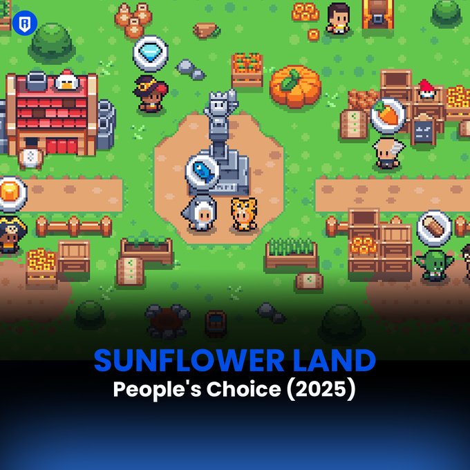 A pixel-art promotional image for the game "Sunflower Land," labeled "People's Choice (2025)," showcases various in-game characters, crops, and structures in a colorful farming scene. This visual celebrates the game's recognition and growth, aligning with the post's message of expanding chapters and community support on the Ronin Network.