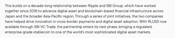 The image shows a text box containing information about Ripple and SBI Group, which has been posted as part of a larger discussion or project. The text box provides details about the partnership between Ripple and SBI Group, highlighting their collaboration on advancing the future of on-chain finance. It also mentions that the introduction of RLUSD represents a significant milestone in their ongoing efforts to drive innovation in digital finance.