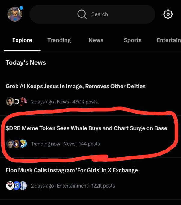 A screenshot of the X (Twitter) Explore tab showing trending news, with a red circle highlighting '$DRB Meme Token Sees Whale Buys and Chart Surge on Base' trending now.