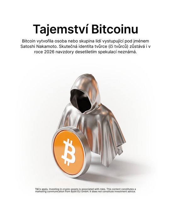 A marketing graphic titled 'Tajemství Bitcoinu' featuring a hooded silver figure with a Bitcoin coin, with Czech text about Satoshi Nakamoto and a disclaimer at the bottom.