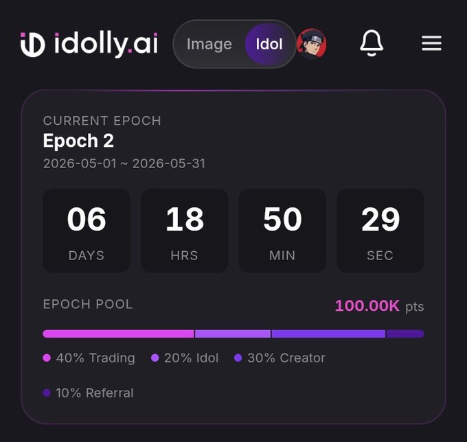 iddollyai.ai's image gallery page displays a purple header with white text, featuring a list of recent Epochs and their respective dates.