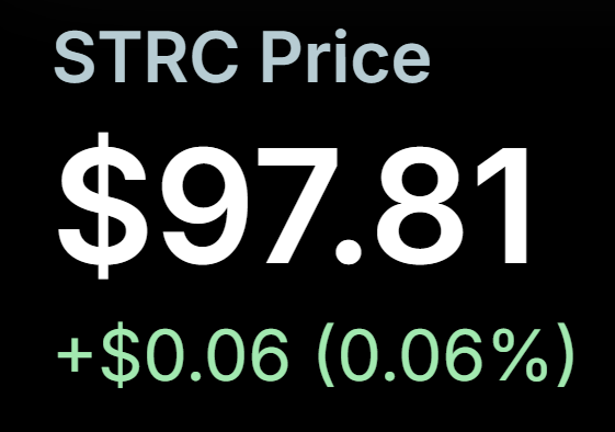 The image displays a price ticker showing "STRC Price" at $97.81, up $0.06 (0.06%), reflecting the current trading level of Strategy's STRC as discussed in the post about Michael Saylor's target to push it back into the $99-$100 range.
