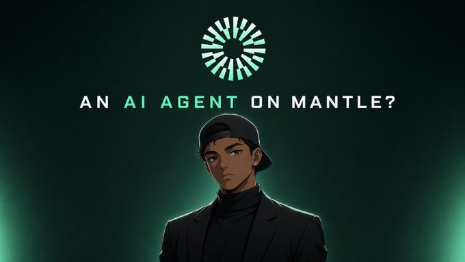 An anime-style character wearing a black suit and cap stands below the text 'AN AI AGENT ON MANTLE?' and a circular logo.