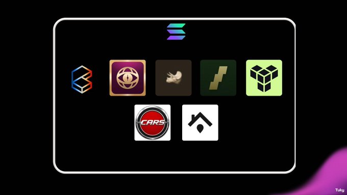A digital interface showing a collection of app icons and logos arranged in a grid on a dark background with a rounded white border, with the text 'Tuky' in the corner.
