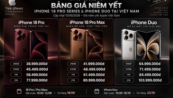 An Apple promotional poster showing the pricing table ("BẢNG GIÁ NIÊM YẾT IPHONE 18 PRO SERIES & IPHONE DUO") in Vietnam for the iPhone 18 Pro, iPhone 18 Pro Max, and iPhone Duo across 256GB, 512GB, 1TB, and 2TB storage options.