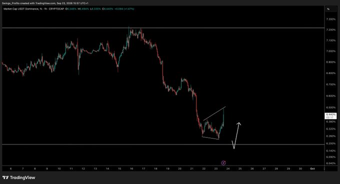 A TradingView candlestick chart of Market Cap USDT.Dominance on the 1-hour timeframe shows a sharp decline from ~7.30% to ~6.34%, with a descending channel pattern drawn near the bottom around Sep 21–23, 2026, followed by arrows indicating an expected continued drop toward ~6.04% support. The chart visually supports the post's view that USDT dominance must fall quickly to enable a final bullish leg in the crypto market.