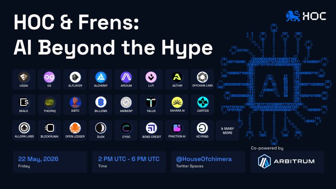 The image features a poster or banner for an event titled "AI hype is everywhere. What's risky, and what comes next? Co-powered by @arbitrum". The poster displays various AI icons and logos, including a blue square with a circuit board design, and it includes the text "HOC & Frens: Al Beyond the Hype" at the top. The event is scheduled for Saturday, May 22nd, from 2 PM to 6 PM, and it will be held on Twitter.