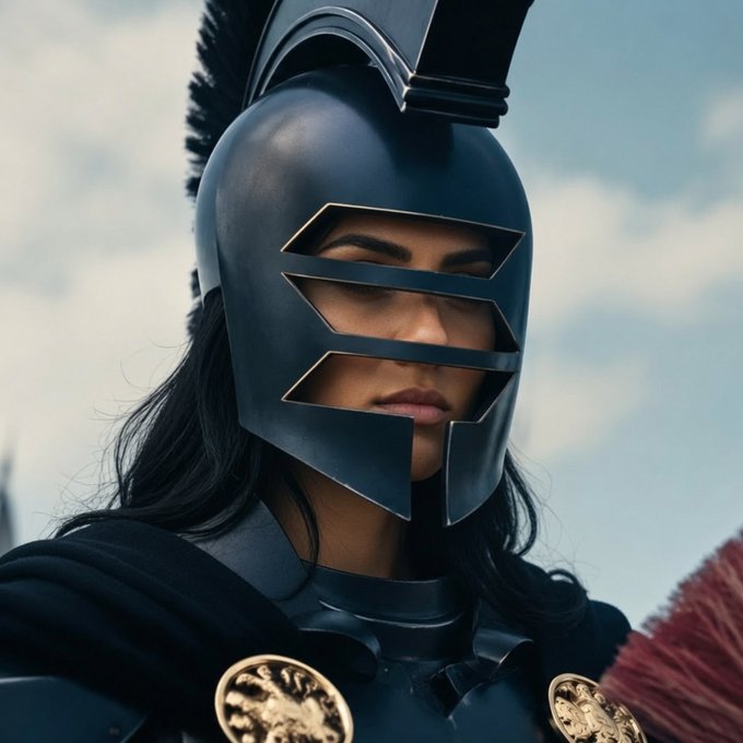 A warrior in dark, ornate armor with a plumed helmet stands stoically against a cloudy sky, her gaze visible through the slits of her faceplate. The image serves as a powerful visual response to the post, depicting a female soldier on the battlefield to counter the idea that only male warriors fight on the front lines.