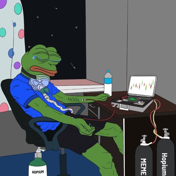 An illustration of a sad Pepe the Frog wearing an oxygen mask, connected to tanks labeled "HOPIUM" and "MEME," trading on a laptop with "HODL" written on his arm.