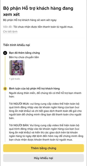 A Vietnamese-language Binance P2P dispute screenshot showing customer support reviewing the case, with the seller noting "Bạn đã thêm bằng chứng" (You have added evidence) and requesting video proof from both buyer and seller to verify whether payment was completed, relating to a P2P cash trade dispute where the buyer reportedly clicked "received" without actually transferring funds.