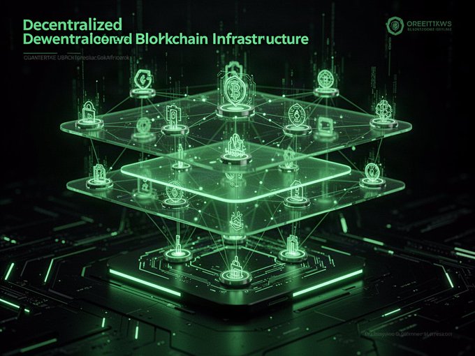 Green-tinted digital artwork titled 'Decentralized Blockchain Infrastructure' with glitchy/garbled text above a layered holographic platform connecting various padlock and shield icons.