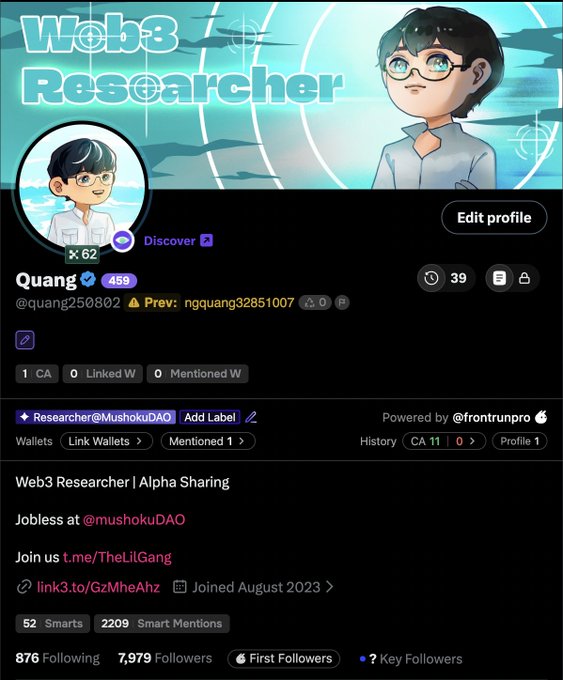 A Web3 profile for "Quang" (@quang250802), a Researcher at @mushokuDAO with 7,979 followers, 459 reputation, and a banner reading "Web3 Researcher | Alpha Sharing" alongside a bio listing "Jobless at @mushokuDAO." The image reflects the poster's 2026 ambitions, showing progress toward goals like reaching 10k followers (currently at 7,979) and growing Lil Gang and mushokuDAO, while hinting at the entrepreneurial hustle of a Web3 alpha sharer still working toward financial independence and happiness.