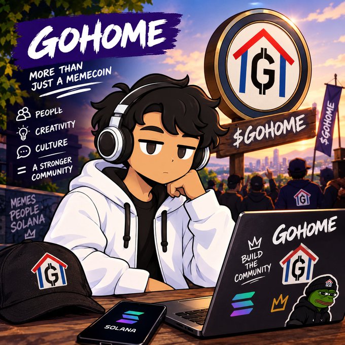 An anime-style promotional image for the $GOHOME memecoin features a character wearing headphones with a laptop, surrounded by phrases like "MORE THAN JUST A MEMECOIN," "PEOPLE, CREATIVITY, CULTURE, A STRONGER COMMUNITY," and "BUILD THE COMMUNITY," along with a Solana phone and merchandise.