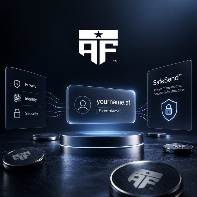 A 3D digital graphic promoting 'SafeSend™' by 'yourname.af', featuring central panels highlighting 'Privacy', 'Identity', and 'Security' alongside branded coins.