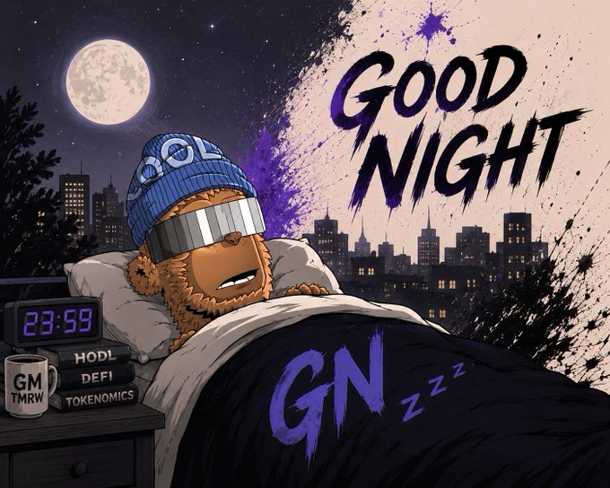 A digital illustration of a bear in bed wearing a blue "GOL" beanie and sleep mask, with a nightstand holding a mug reading "GM TMRW" and books labeled "HODL", "DEFI", and "TOKENOMICS", set against a night cityscape with "GOOD NIGHT" and "GN" text displayed.