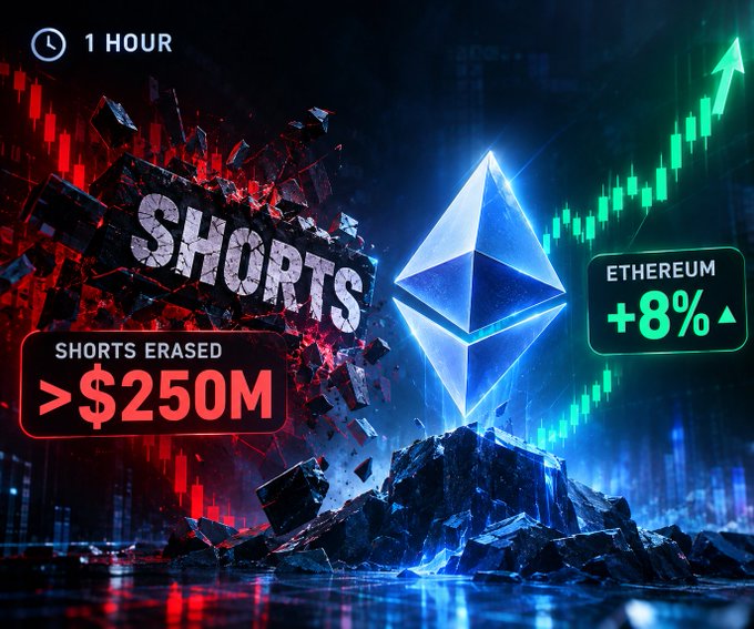 A dramatic crypto promotional graphic showing the Ethereum logo with text indicating 'SHORTS ERASED >$250M', 'ETHEREUM +8%' and a '1 HOUR' timeframe with rising green candlesticks.