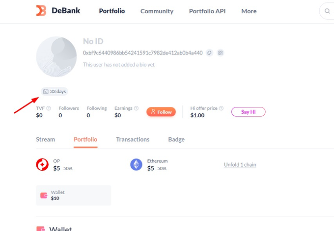 Screenshot of a DeBank profile page for a user with wallet address 0xbf9c6440986bb54241591c7982de412a0b4a440, showing stats like 33 days, $0 TVF, 0 Followers, 0 Following, $0 Earnings, with an arrow pointing to the TVF label.
