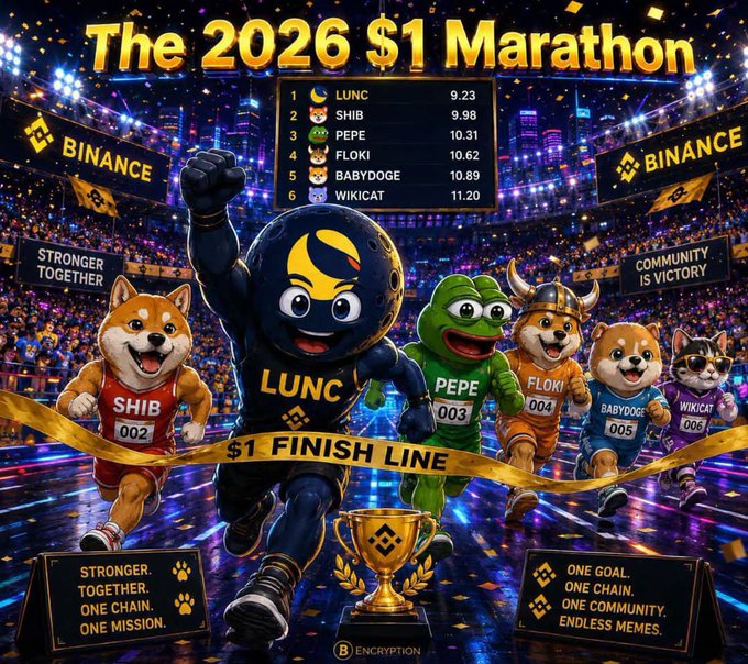 A vibrant meme image titled 'The 2026 $1 Marathon' featuring anthropomorphic crypto mascots (LUNC, SHIB, PEPE, FLOKI, BABYDOGE, WIKICAT) racing toward a finish line, with a Binance leaderboard showing LUNC in first place.