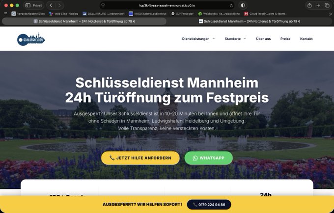 Screenshot of a German locksmith service website (Schlüsseldienst) advertising 24-hour door opening in Mannheim, Ludwigshafen, Heidelberg and surrounding areas at a fixed price, with a phone number 0179 224 94 86 displayed.