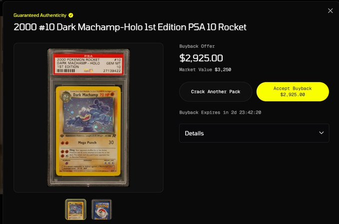 A PSA 10 graded 2000 Dark Machamp-Holo 1st Edition Pokémon card is being offered for buyback at $2,925, below its $3,250 market value, as a featured pull from a $250 gacha pack. The image showcases this high-value trading card alongside the buyback options, illustrating the exciting potential of the gacha pack mentioned in the social media post.