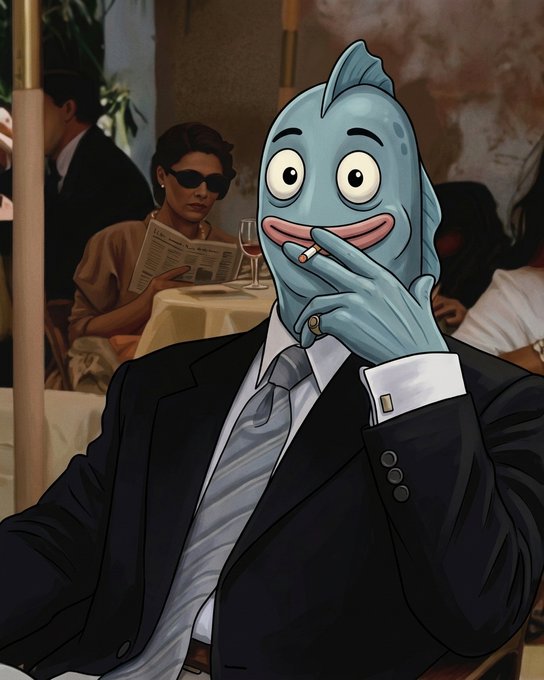 An illustration shows a blue fish-headed character in a formal black suit and gray tie, holding a cigarette, set in an upscale restaurant with a woman reading a menu in the background.